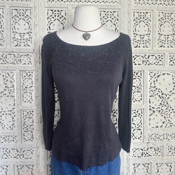 Joseph A 100% Silk Dark Gray Sequin Beaded 3/4 Sleeve Blouse Sz XL - Picture 1 of 6